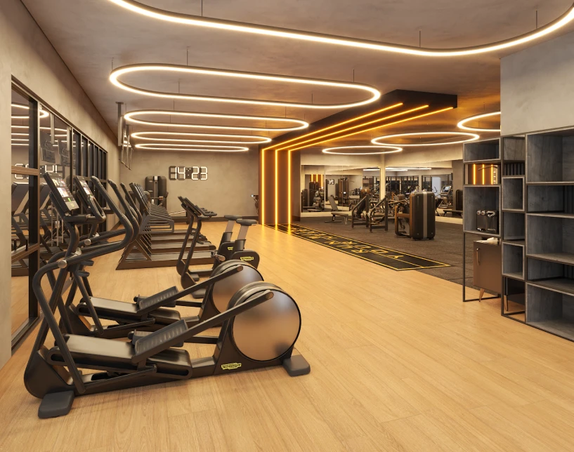 Espaço fitness com iluminação orgânica e área de cardio