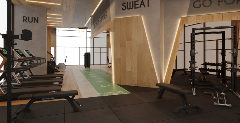Área fitness renovada em projeto de retrofit